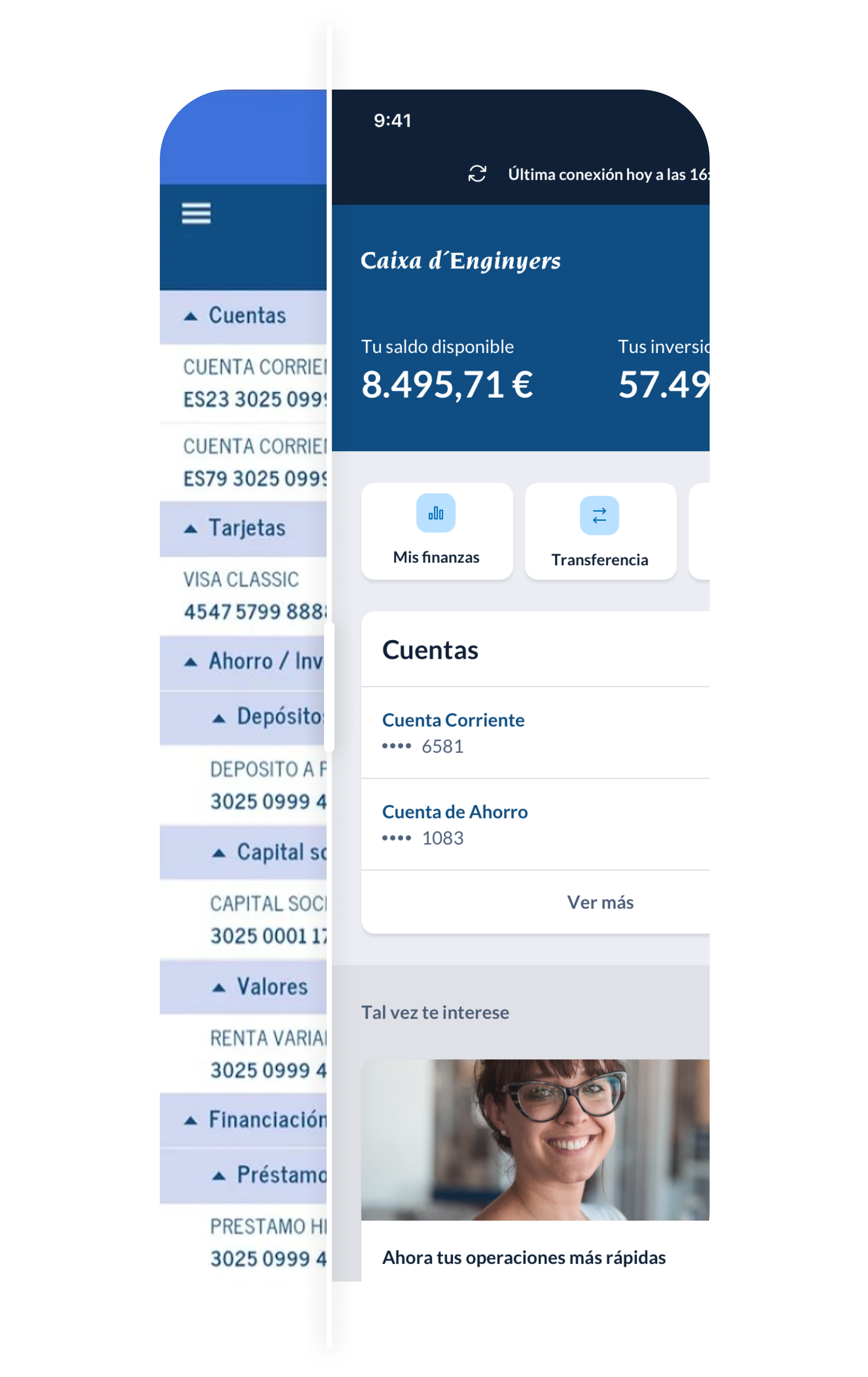 Before and after comparison of the banking app home screen: the old long account list on the left and the redesigned home on the right.