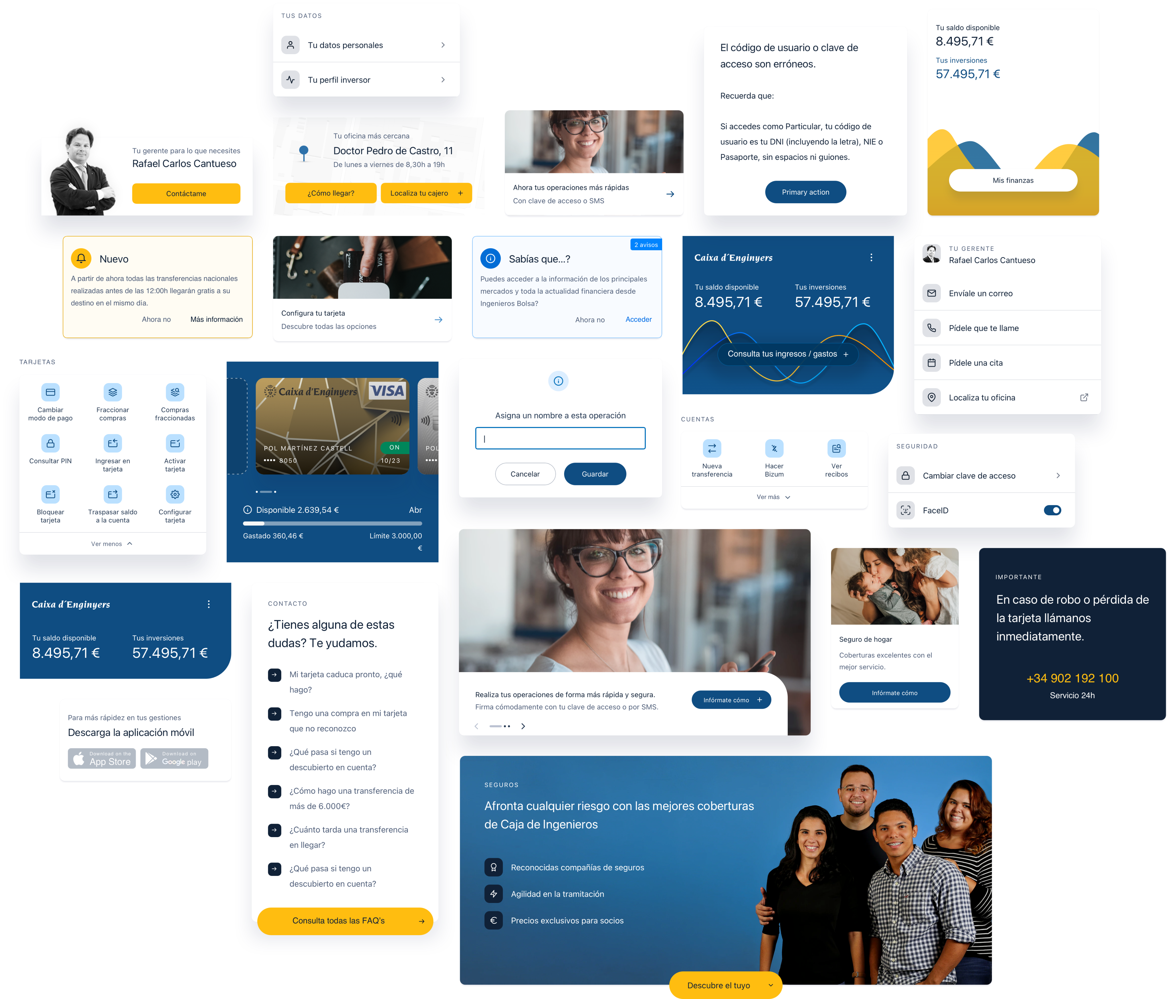 Gallery of reusable design system components used across the banking app: cards, banners, forms and menus.