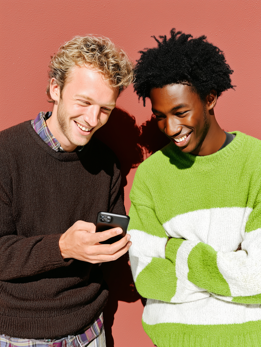 Two smiling people looking at a phone together.