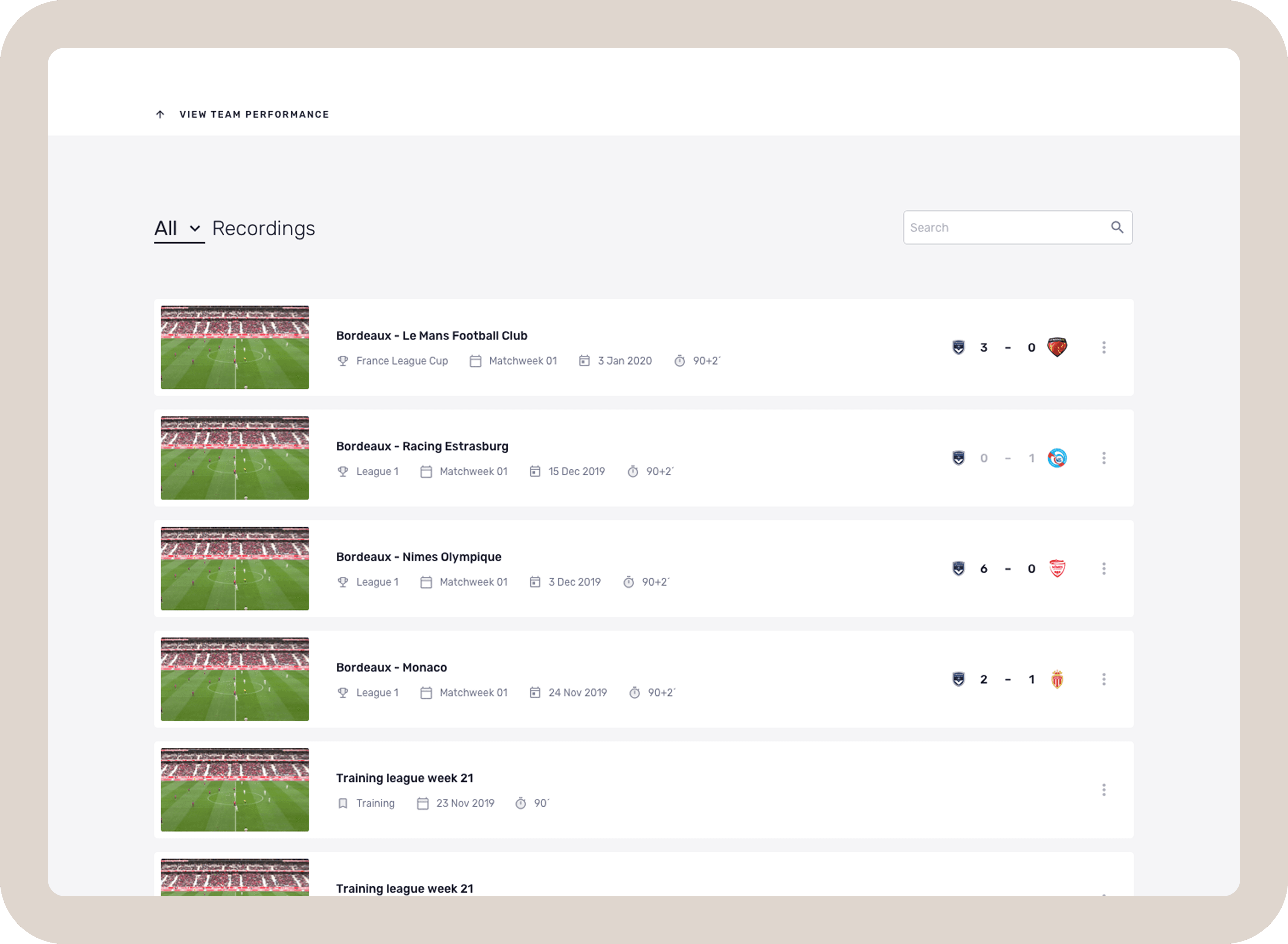 Searchable list of recent games and training sessions.