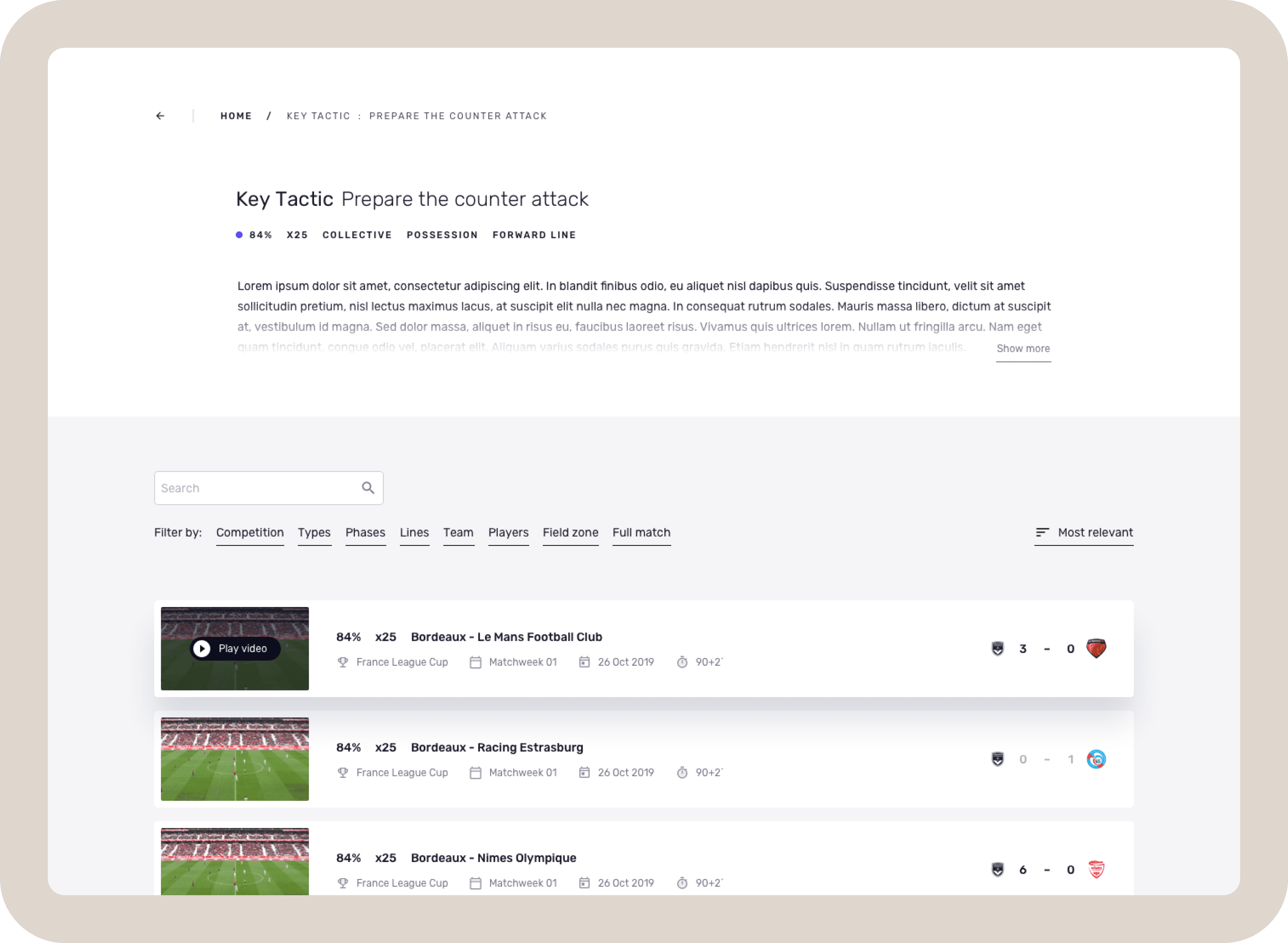 Hover effect on a game or training session item.