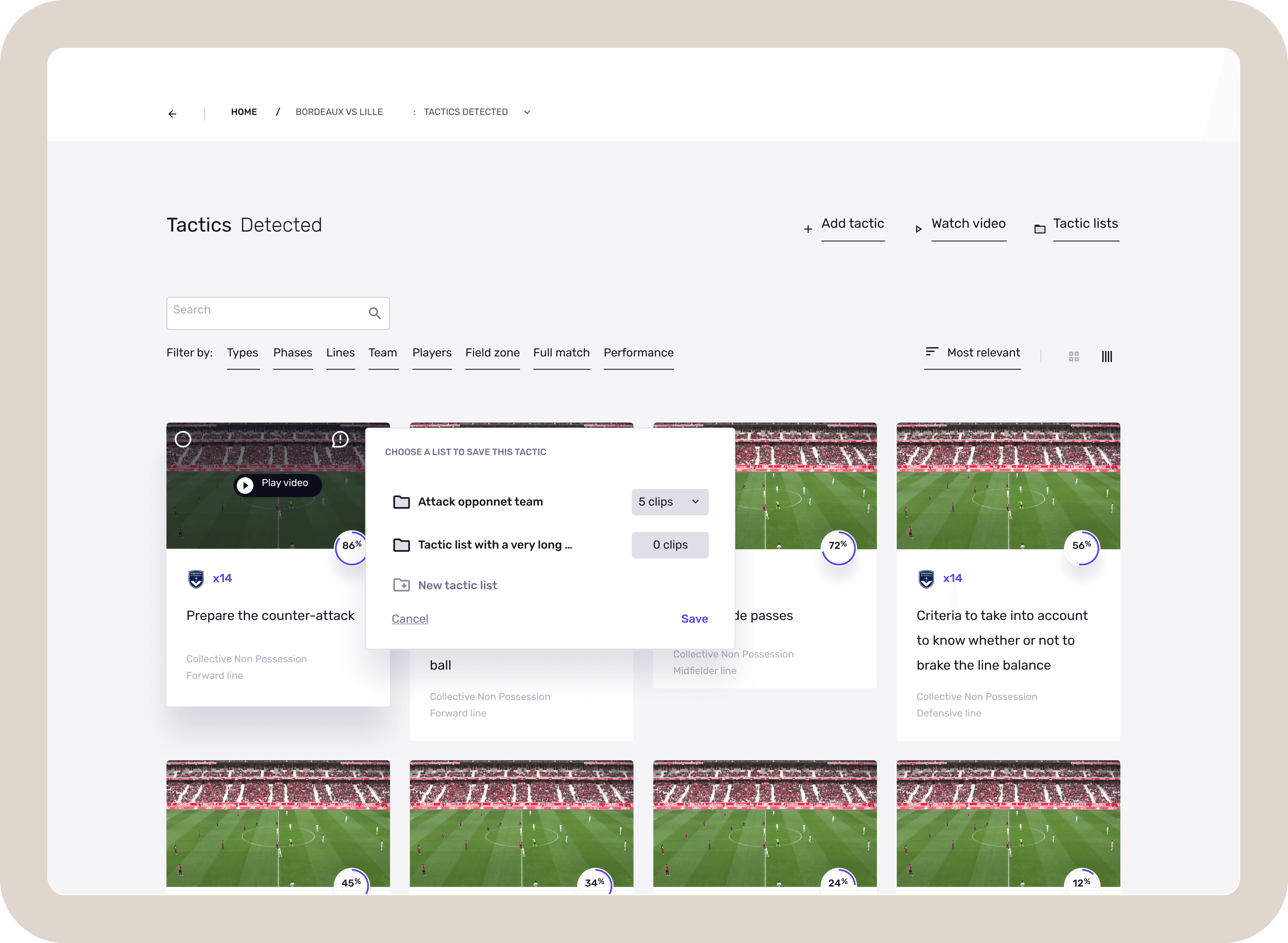 Saved lists grouping clips by goal.