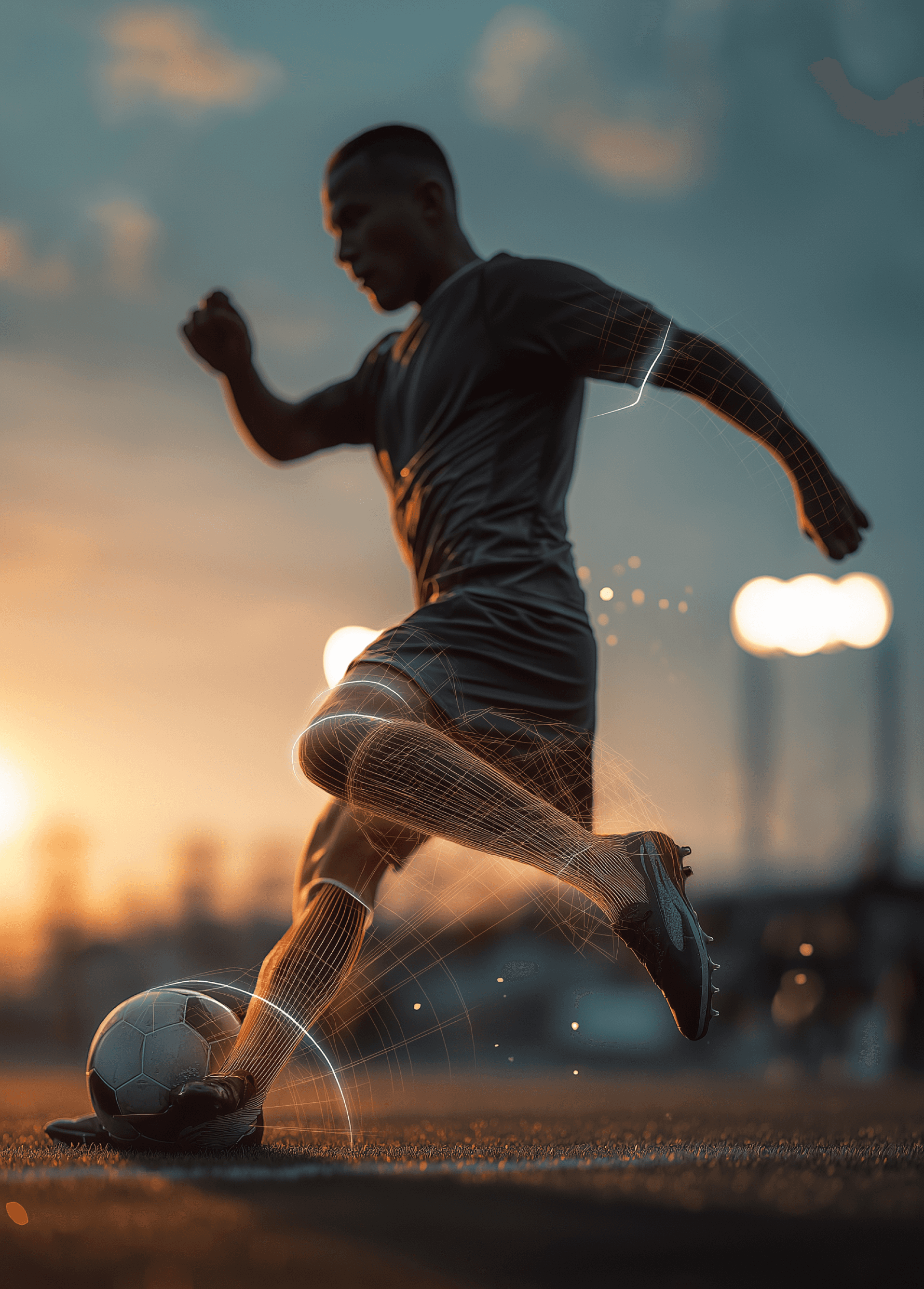 A football player captured mid-motion with AI tracking overlays on their limbs.
